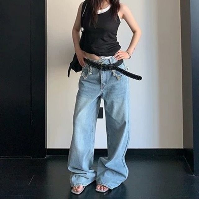 ダメージライクフラップポケットワイドデニムパンツ 1col R02442