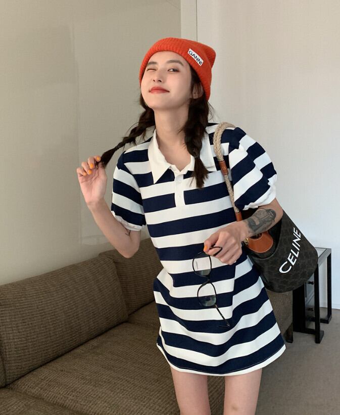 ショートTシャツ ストライプドレス サマースタイルカジュアルカラースカート 大人ガーリー スウィート キュート 夏物 モンロー56058576020