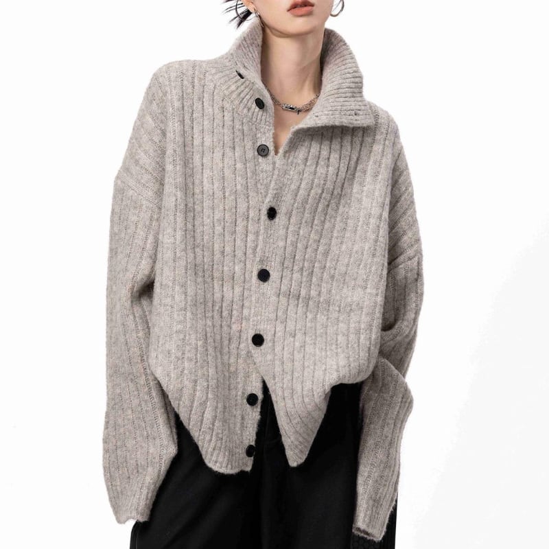 Rib front button knit cardigan 2colors V2792