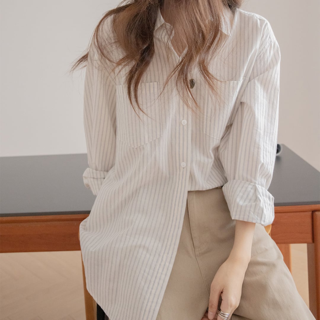 cotton striped small lapel shirt