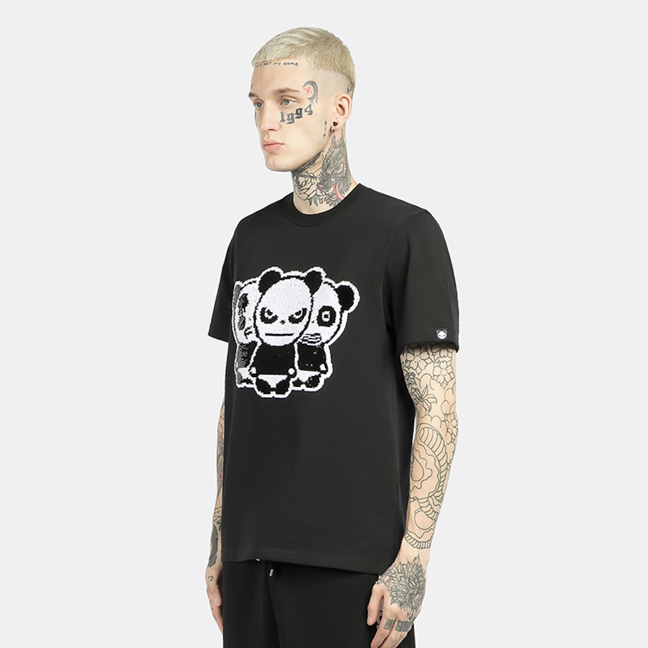 【HIPANDA ハイパンダ】メンズ パンダ3兄弟 スパンコール Tシャツ MEN'S TRIO LOGO SEQUINS SHORT SLEEVED T-SHIRT / WHITE・BLACK