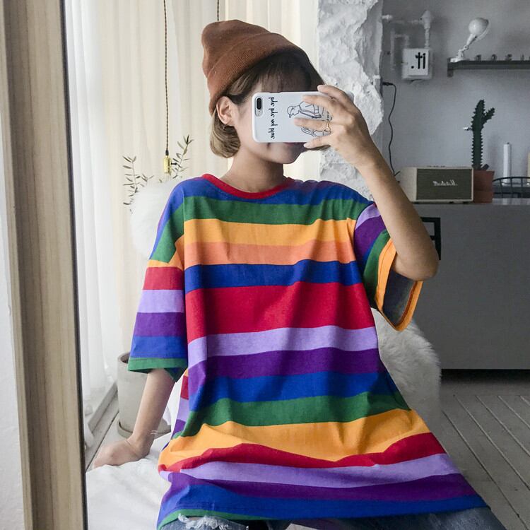 18ss オルチャン 韓国 個性派デザイン レインボーtシャツ 韓国ファッション Style H