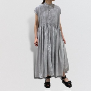 maison de soil 80'S VOILE DOT PATCHWORK BLOCK PRINT BANDED COLLAR FRENCH/SL SHIRT DRESS WITH MI NI PINTUCK