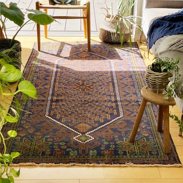 ヴィンテージラグ｜ラージ vintage rug large * ボタニカルネイビー botanical navy 106×212 [gra004]