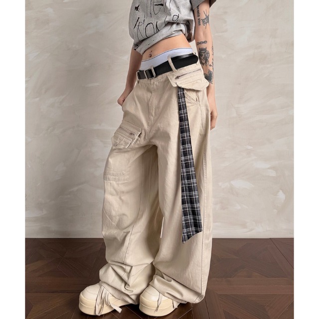 checked strap accent cargo pants　チェックストラップアクセントカーゴパンツ　J1797