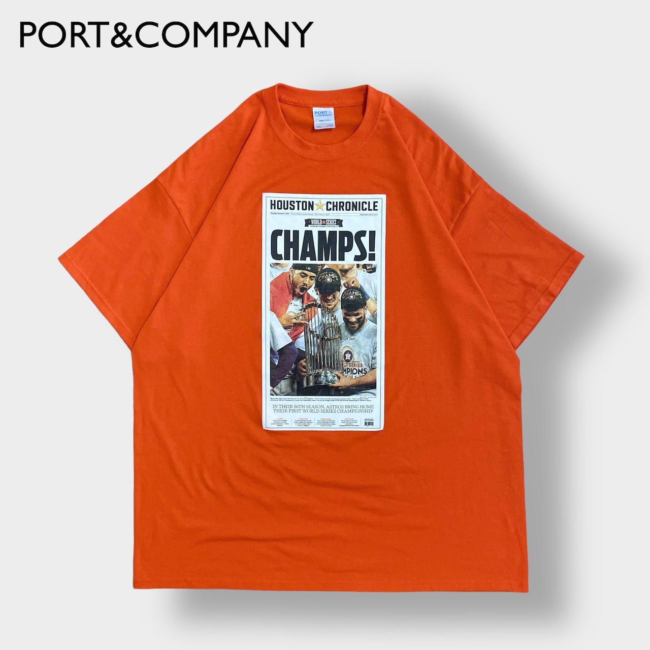 【PORT&COMPANY】MLB ヒューストン・アストロズ 新聞記事 フォトプリント Tシャツ プリント メジャーリーグ 2017 ワールドシリーズ チャンピオン HOUSTON ASTROS 半袖 夏物 us古着