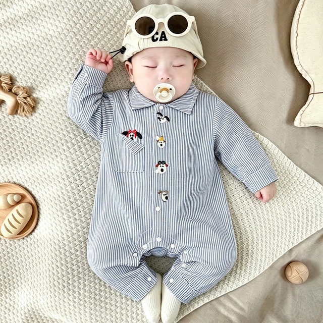 【BABY】ブルーストライプドッグロンパース