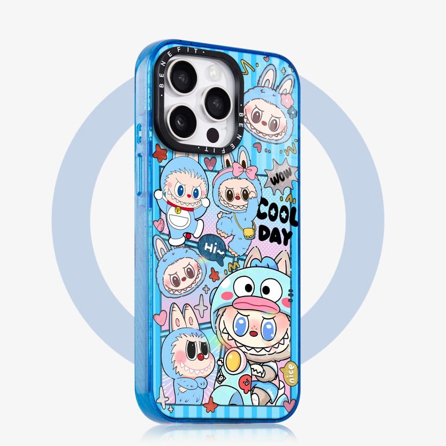 LABUBUラブブ ブルーパッチワーク 磁気ケース iPhone 17 Pro Max 耐衝撃 アイスデザイン カラフルバンパー おしゃれ 耐衝撃&カラフルフレーム かわいい保護カバー