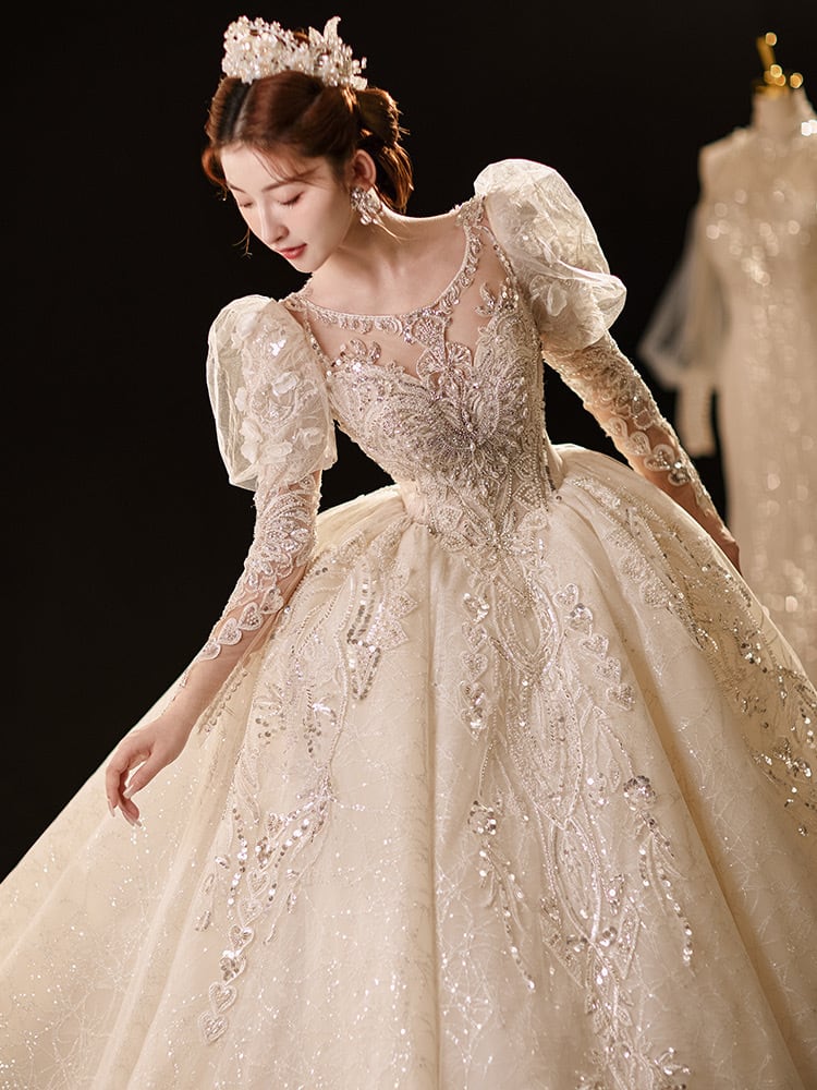 韓国風豪華ドレス:長袖パフスリーブ付きキラキラ刺繍ボリューム