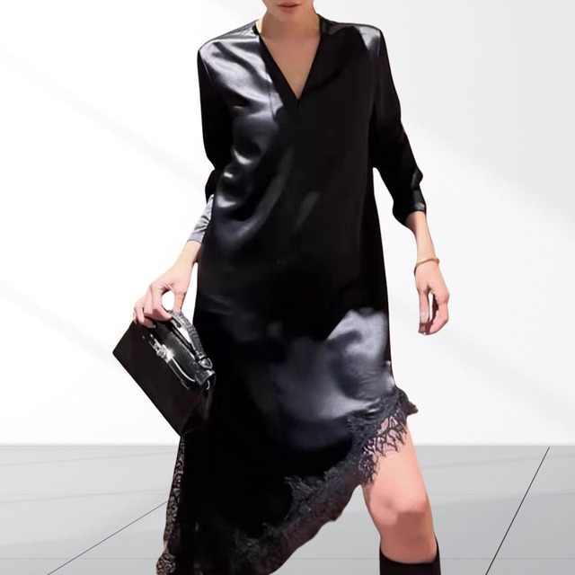 アシンメトリー裾レースワンピース　0556