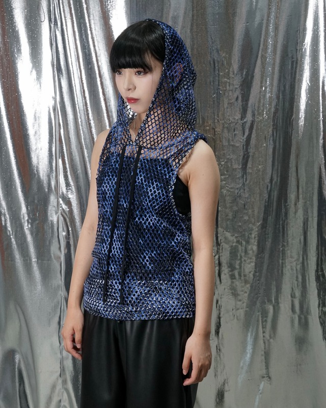 Vintage sleeveless mesh hoodie "BLUE"