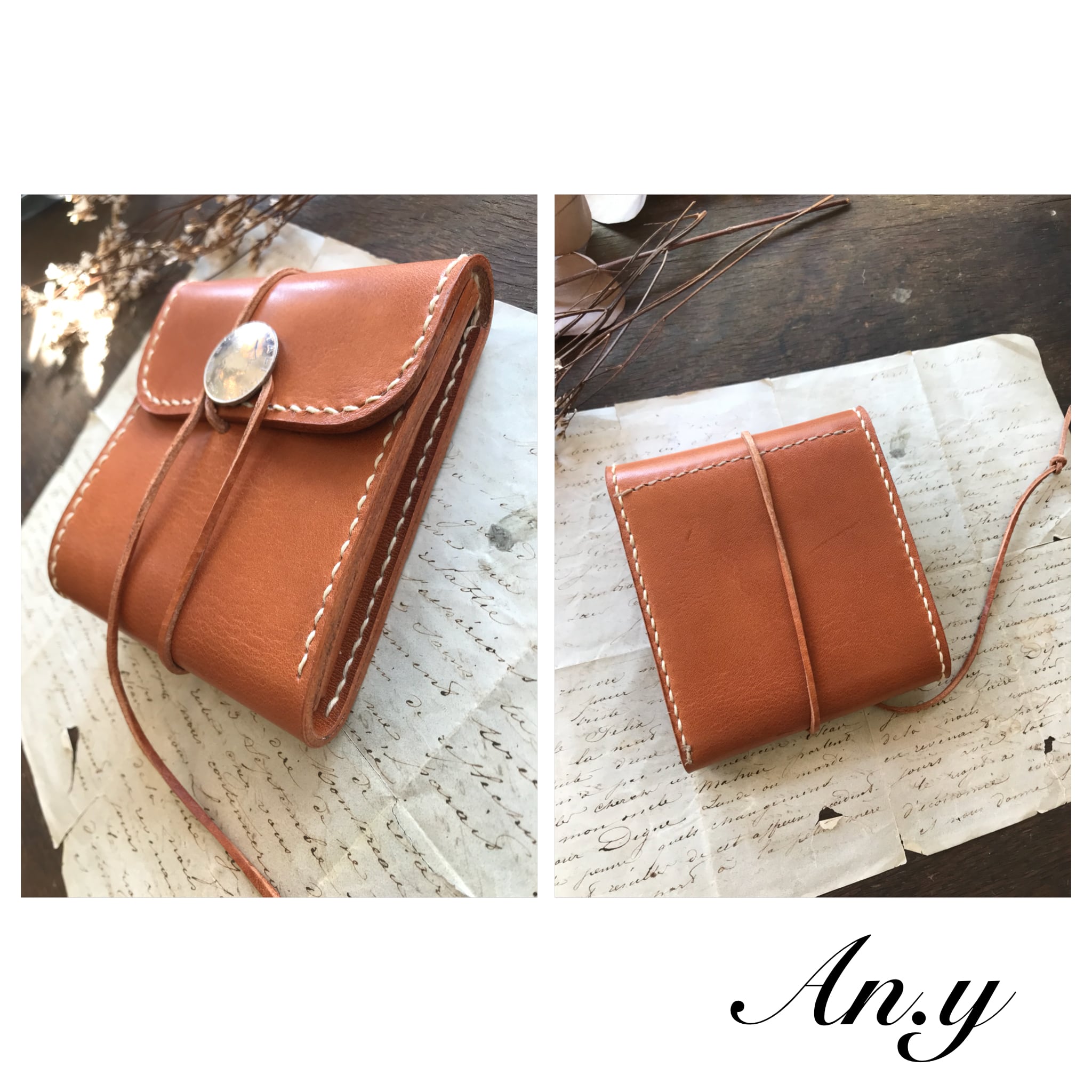 栃木レザー二つ折り財布*オイルバケッタCamel ×コンチョ紐巻き | An.y