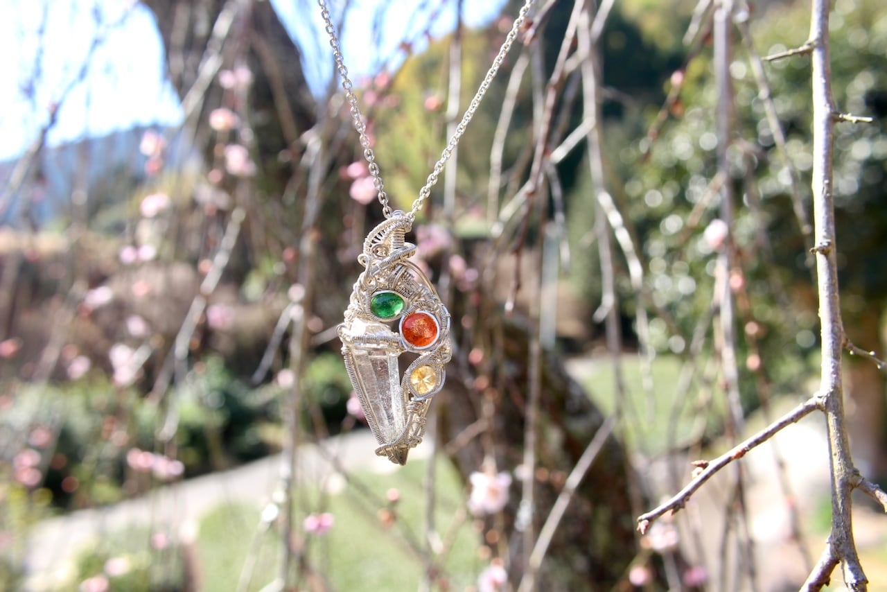 Himalayan crystal Chrome Tourmaline Sunstone Citrin  silver925 wirewrapping pendant