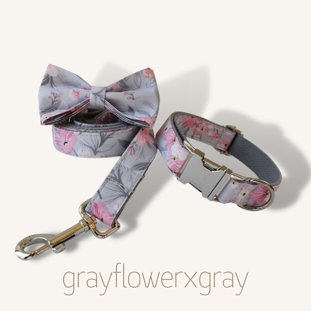 【パターンシリーズ】グレーフラワー×グレー迷子札刻印サービス・犬用首輪＆リボン