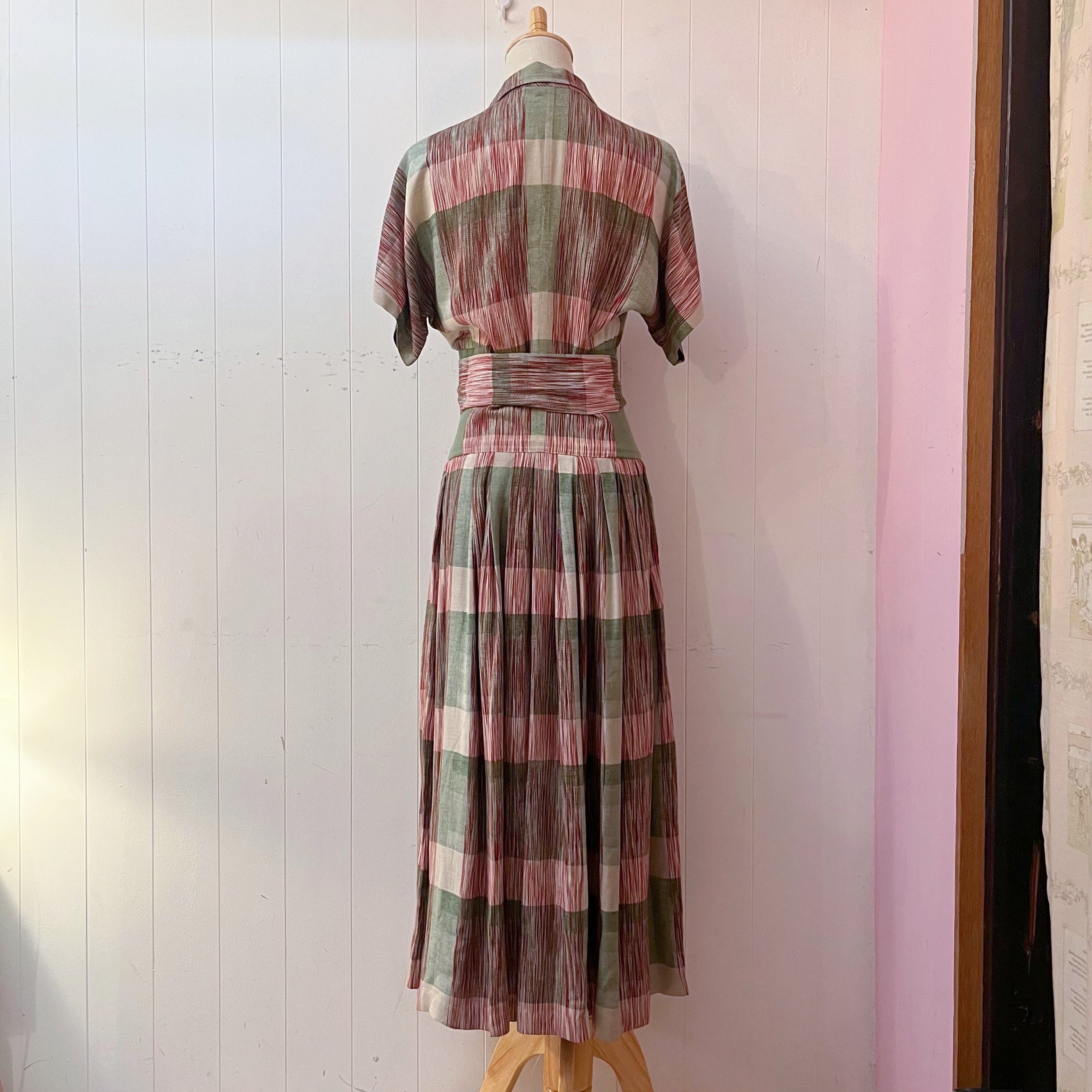 green check open collar one-piece