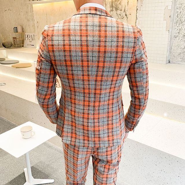 予約販売】メンズ スーツ ベスト 3点セット チェック柄 オレンジ