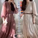韓国新作花柄長袖ワンピース vネック フレア ミモレ ひざ下丈 ロング ウェストゴム レディース レトロ 小花柄 着痩せ 春夏