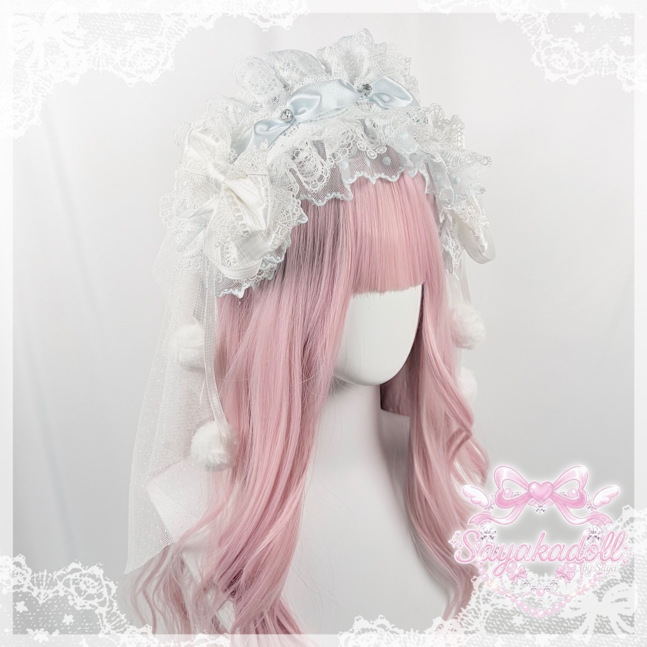 ♡【全5色】MAID 3way マシュマロリボンの夢色フリルレースヘッドドレス＋ヴェールセット pink ♡