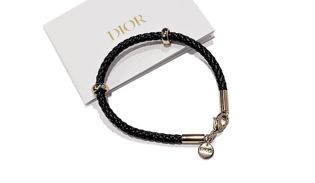 Dior ディオール ロゴサークルプレート レザー コードブレスレット ブラック シルバー