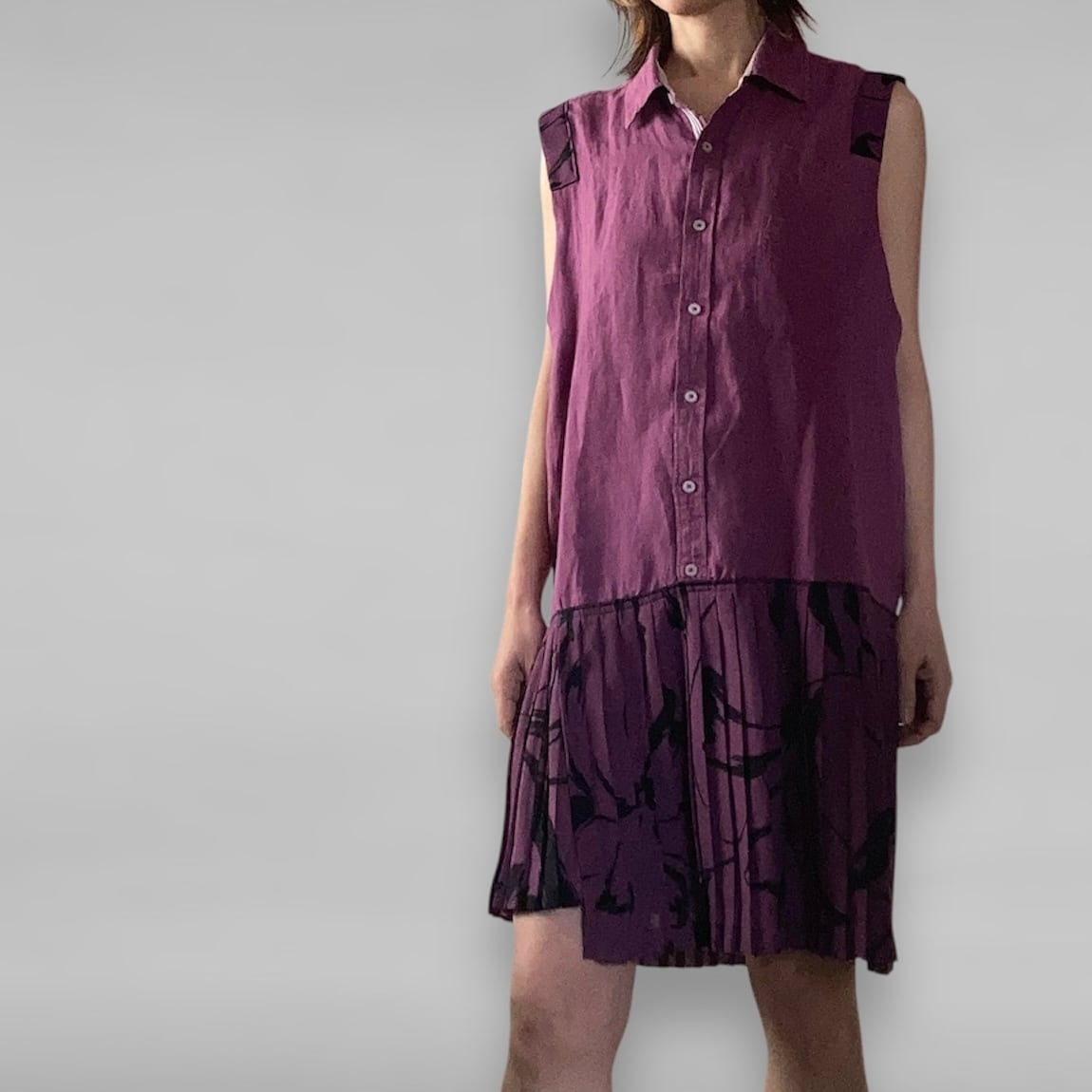 ZOZOTTE リメイクノースリーブプリーツワンピース/パープルレトロ柄/1点物