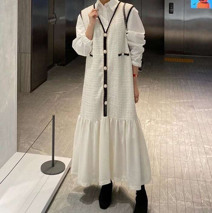 ワンピース レディース ロングワンピース 2カラー フリーサイズ ブラック ホワイト カラバリ ツイード ノースリーブ Ⅴネック パール 異素材 ドッキング Iライン 縦長シルエット マーメイド フレア 裾コンシャス マキシ丈 高見え 華やか 体型カバー 細見え シンプル フェミニン エレガント 上品 大人可愛い おしゃれ 普段使い イベント デート お出かけ 女子会 休日 旅行 お呼ばれ パーティー 存在感 ファッション コーデ スタイル モテ 20代 30代 40代 50代 春 秋 送料無料