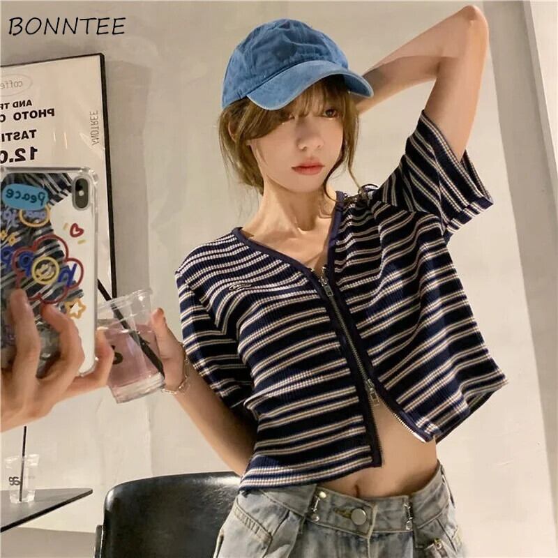 【新作】【送料無料】 Tシャツ女性のファッションスリム夏ジッパーオルストライプオールマッチ V ネックホリデーストリート女性トップスイン甘い通気性 0286455108596