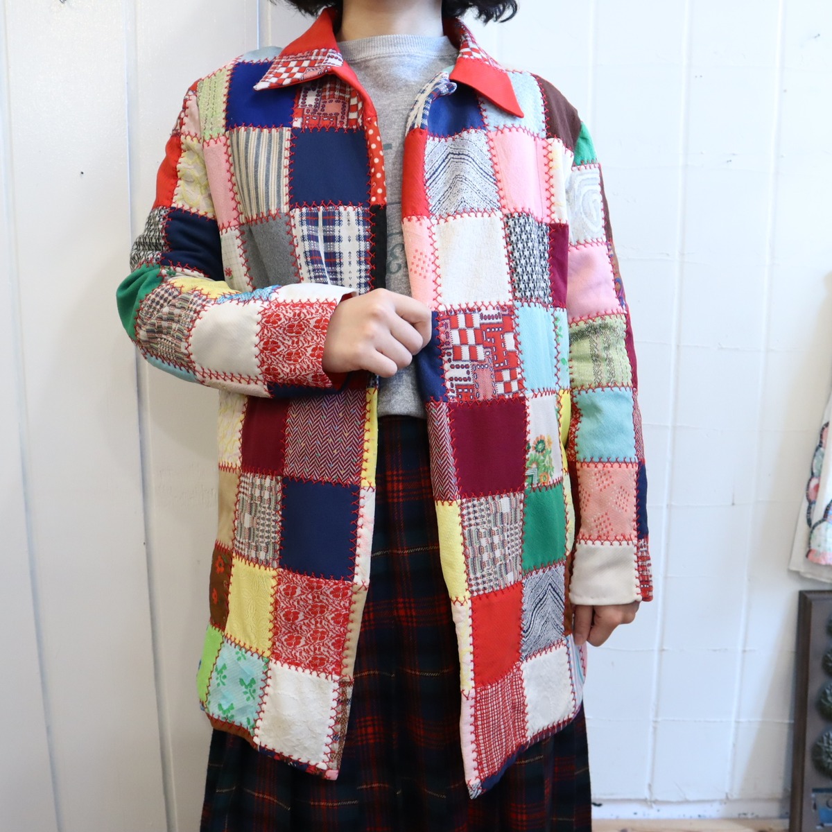 70s red×colorful patchwork jacket [l-4361] | Fizzvintage