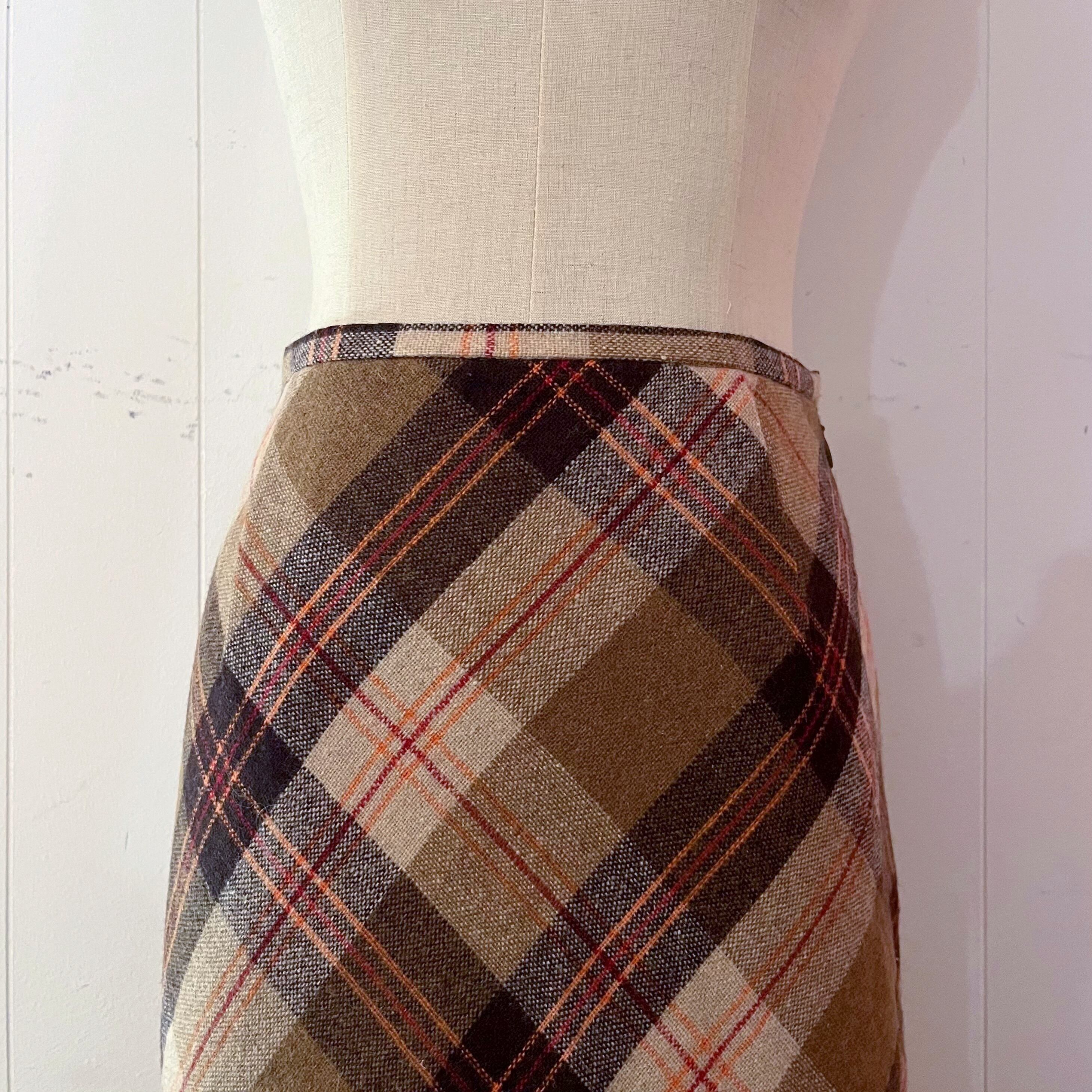 orange check wool long skirt