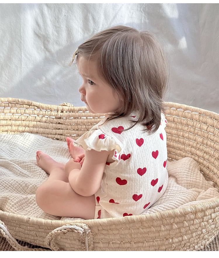 肩フリルリブ透かしコットンロンパース