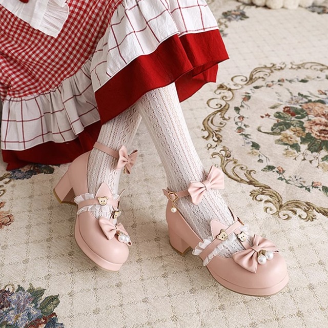ゴスロリファッション 通販 With U パンプス 靴 マフィンシューズ くまちゃん フリル リボン 原宿系 ゴスロリ服 病みかわいい ロリィタ服