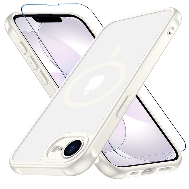 iPhone 17e/16e 用 ケース 【Magsafe対応・米軍MIL規格】ホワイト 半透明 ガラスフィルム付き マット感 耐衝撃 黄ばみなし