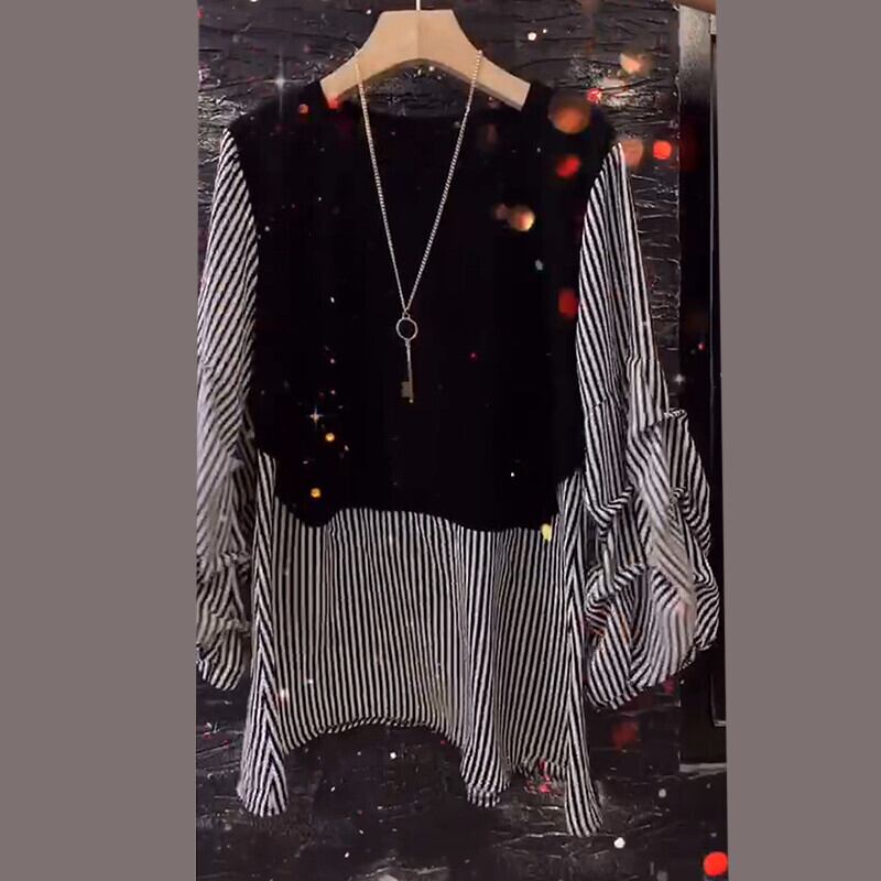 プラスサイズの女性の2020年の新しい太った姉妹秋ルーズルーズウエスタンスタイル200kgトップヨーロッパの商品ストライプ長袖Tシャツ ミックスインファッション50734508347