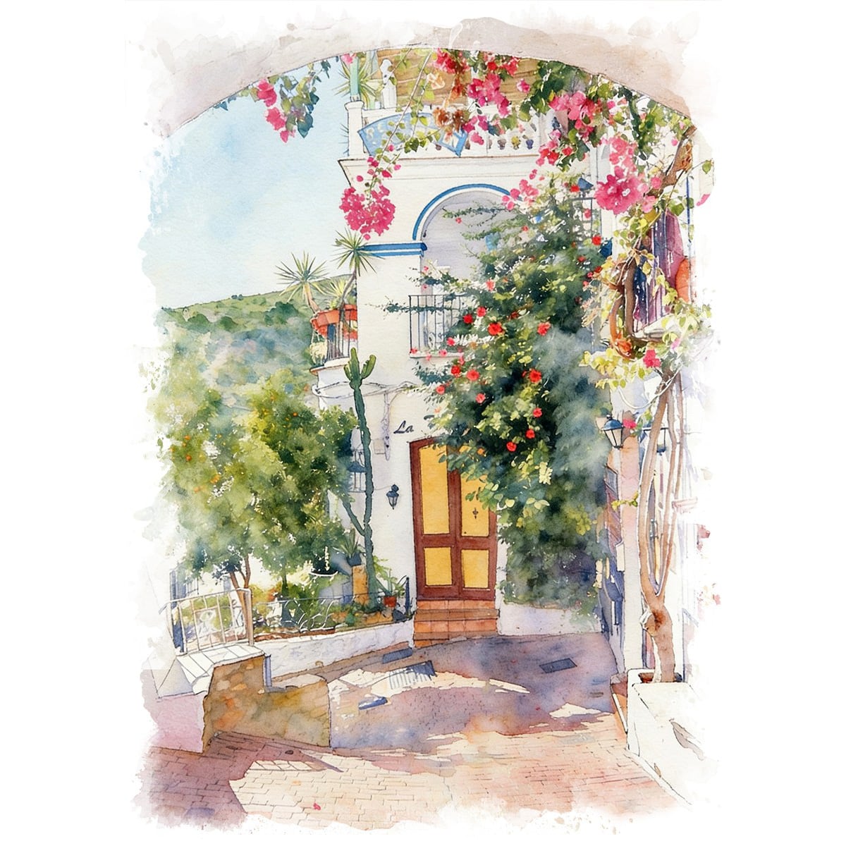 絵画 スペイン 風景画(街並み) アンダルシア モハカーの美しい街並み インテリアアート額付き 水彩画・油絵調 WAT0458