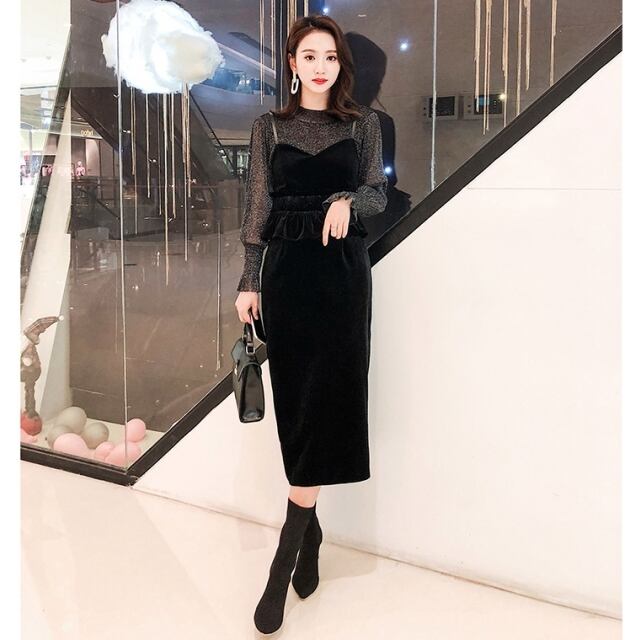 予約販売 結婚式 ドレス ワンピース パーティードレス ドレス S M L Xl シースルー ミモレ丈 タイト フォーマル 袖あり 長袖 ラメ ベロア スリット おしゃれ かわいい かっこいい Favoritdress