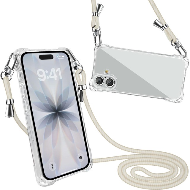 peipeizi For iPhone 17 用 ケース ショルダー クリア 肩掛け 長さ調整可能 耐衝撃 ホワイト