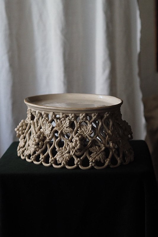 陶器の葡萄籠ジャルディニエ-antique pottery oval basket
