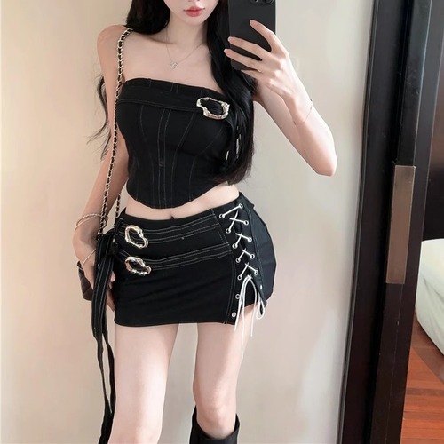 【2点セット】ベルトベアトップ＋レースアップスカート ・11284