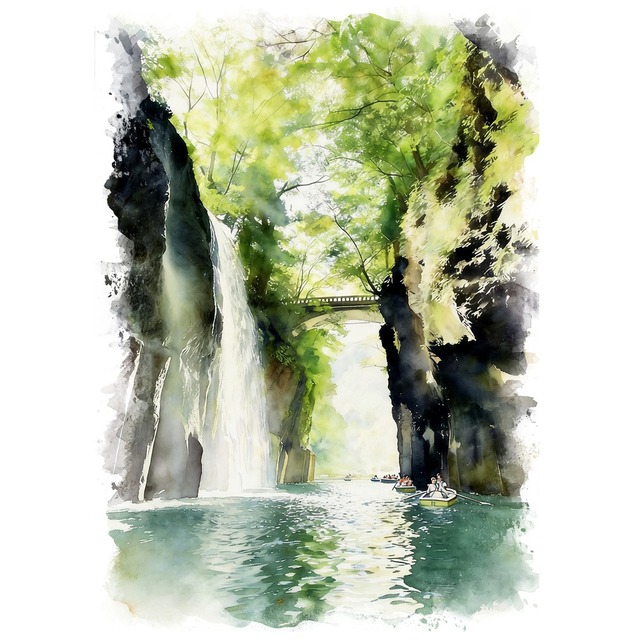 絵画(風景画) 日本 宮崎県 高千穂峡 インテリアアート額付き 水彩画・油絵風 WAT0780