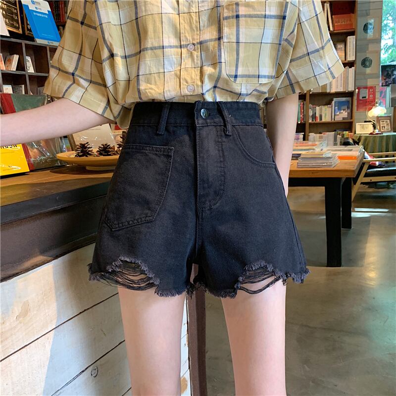 黒のスーパーショーツ女性2020新しい夏の薄いハイウエストストレートルーズジーンズトレンディなイン 1号婦人2097612009