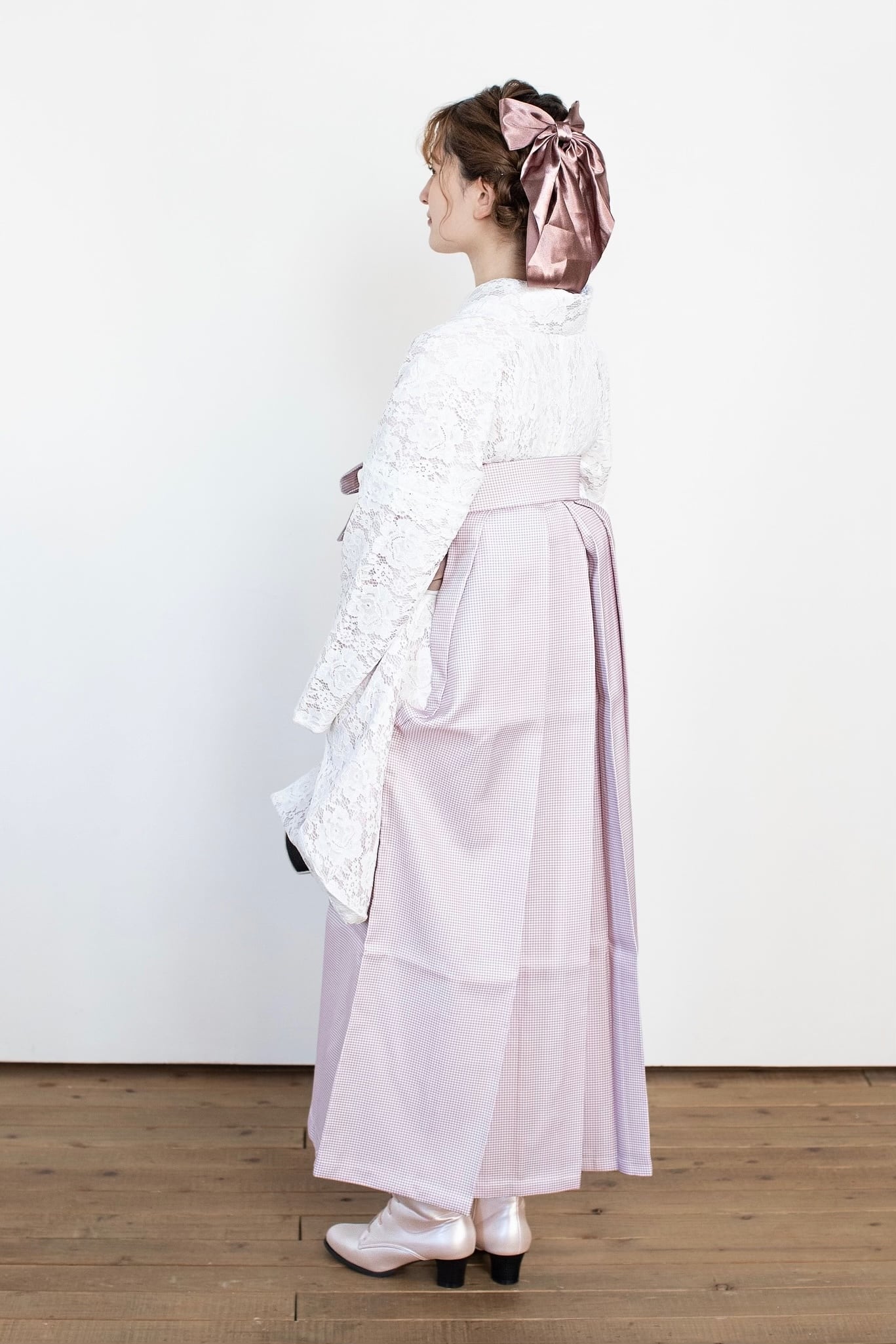 Kimono Sienne 卒業式袴 3点セット レース二尺袖 袴 卒業式白×くすみ