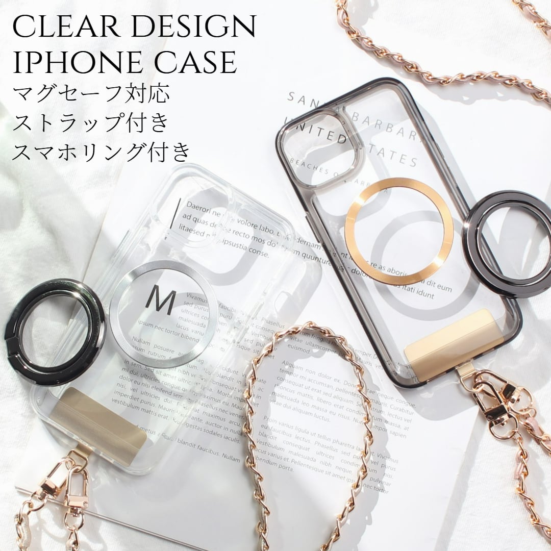 iphone ケース クリア リング付き iphone16 iphone15 iphone14 13 12 mini チェーン ストラップ magsafe マグセーフ マグネット アイフォン 16 15 14 SE 11 ショルダー ストラップ付き 16pro 15pro 14pro スマホリング スタンド 13mini se3 se2 メタリック ブラック 送料無料