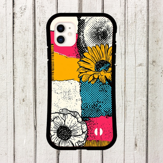 受注生産 iPhoneケース ひまわりと原色紙片の花コラージュ｜花モチーフ ZINE016D