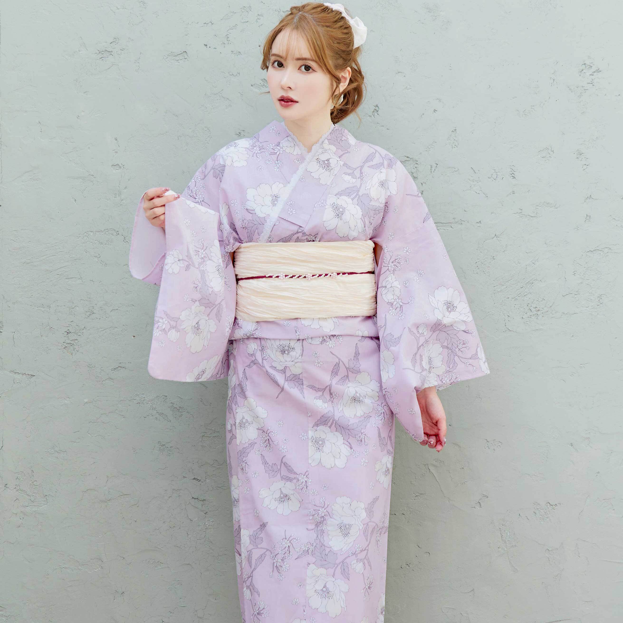 浴衣人気NO.2】浴衣4点setピンクパープル×ホワイト花柄 B7 | ANDESIR