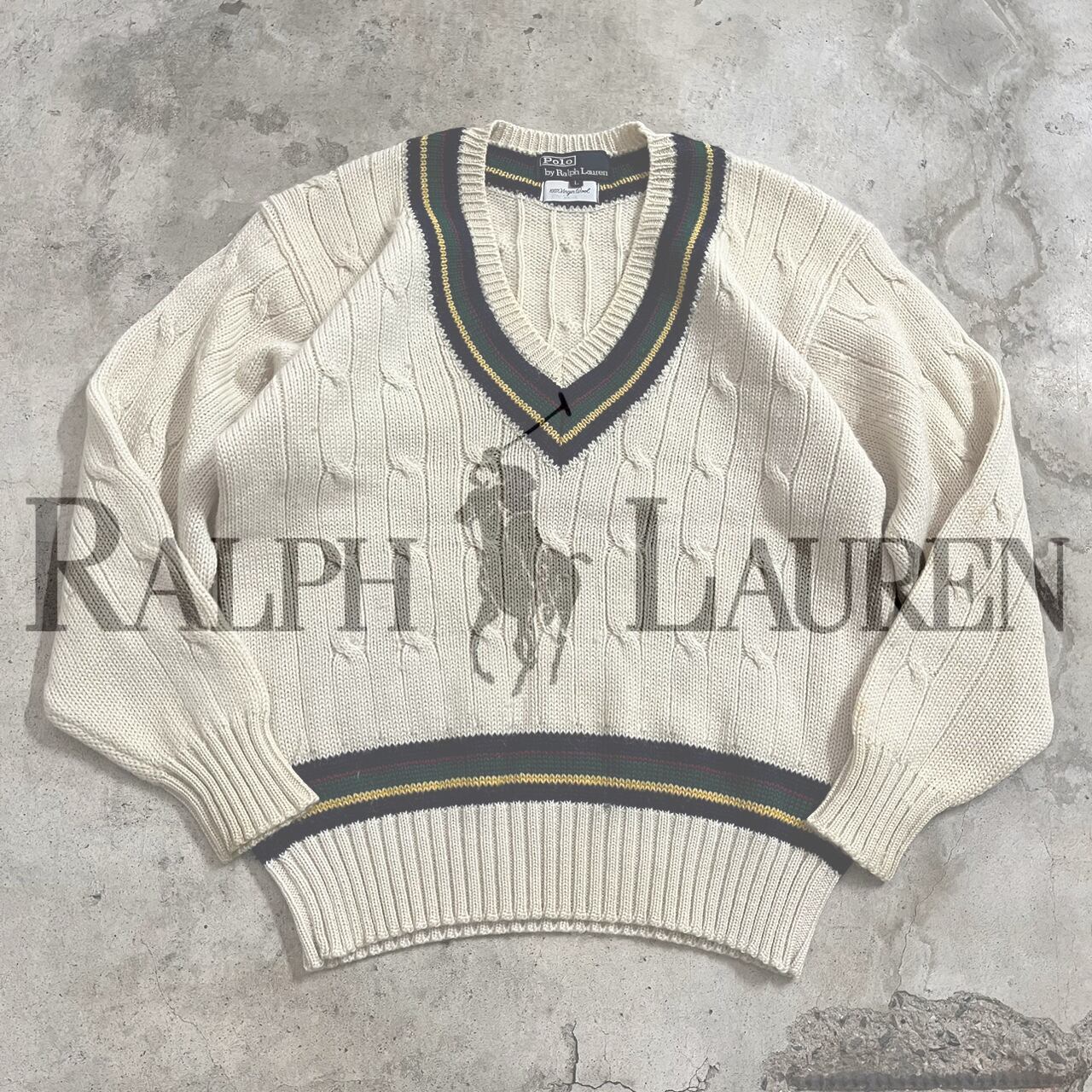 Polo Ralph Lauren〗90's Vneck wool cable knit sweater /ポロラルフ