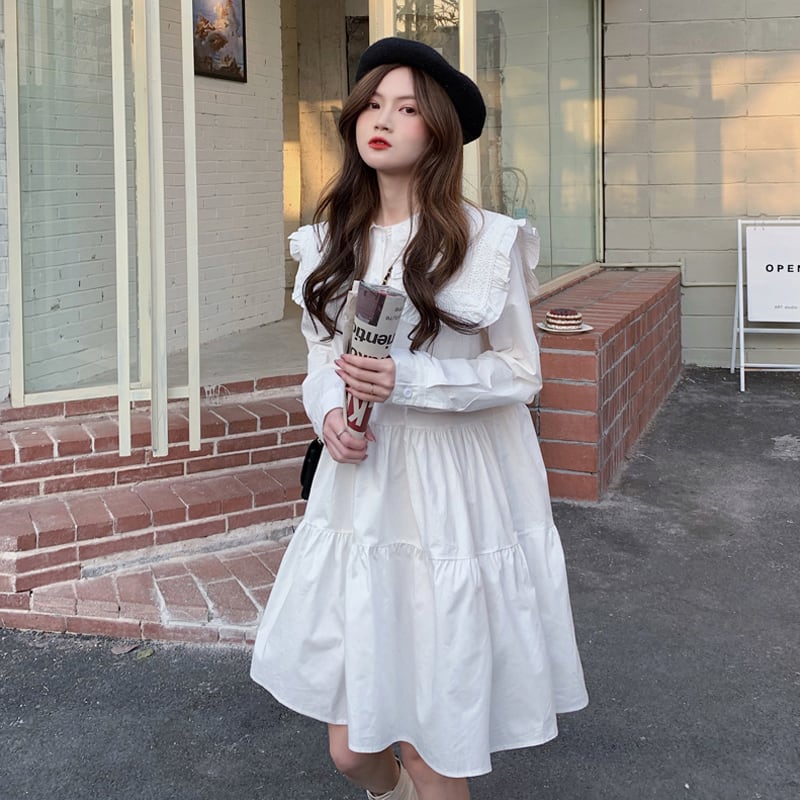 スプリングカラーホワイトドレス スタンダードスカート レトロ 大人ガーリー スウィート キュート カジュアル 春物 試着室12031101117