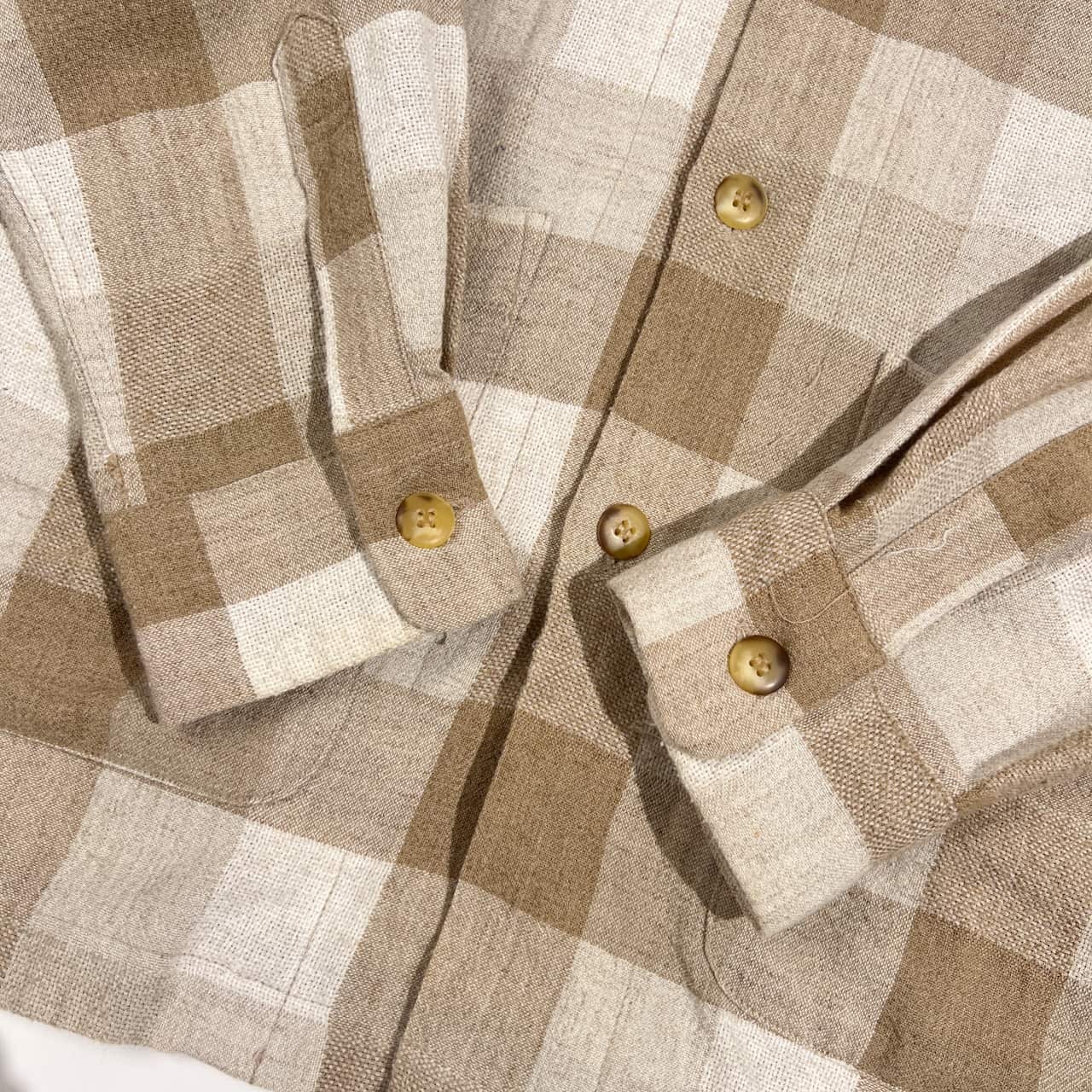 リネン混 SIMPLE LIFE シンプルライフ ブロックチェック柄 長袖 ワークシャツ M /ベージュ系 メンズ