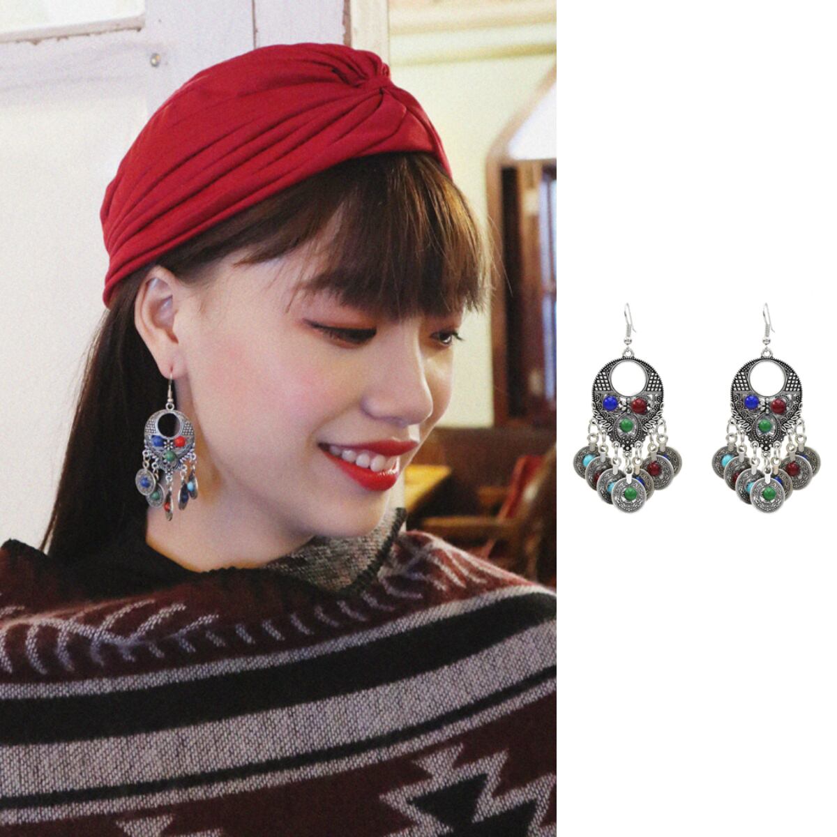 Enmeijiaエスニックスタイルレトロウェアコインペンダント中空彫刻イヤリングボヘミアトラベルホリデーイヤリング 延命家ファッション55779222675