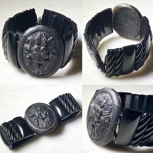 antique victorian engraved Whitby Jet bracelet “Forget-me-not”