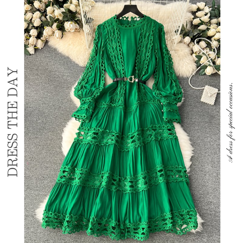 レース切り替えティアードスカートドレス5色展開 D0112