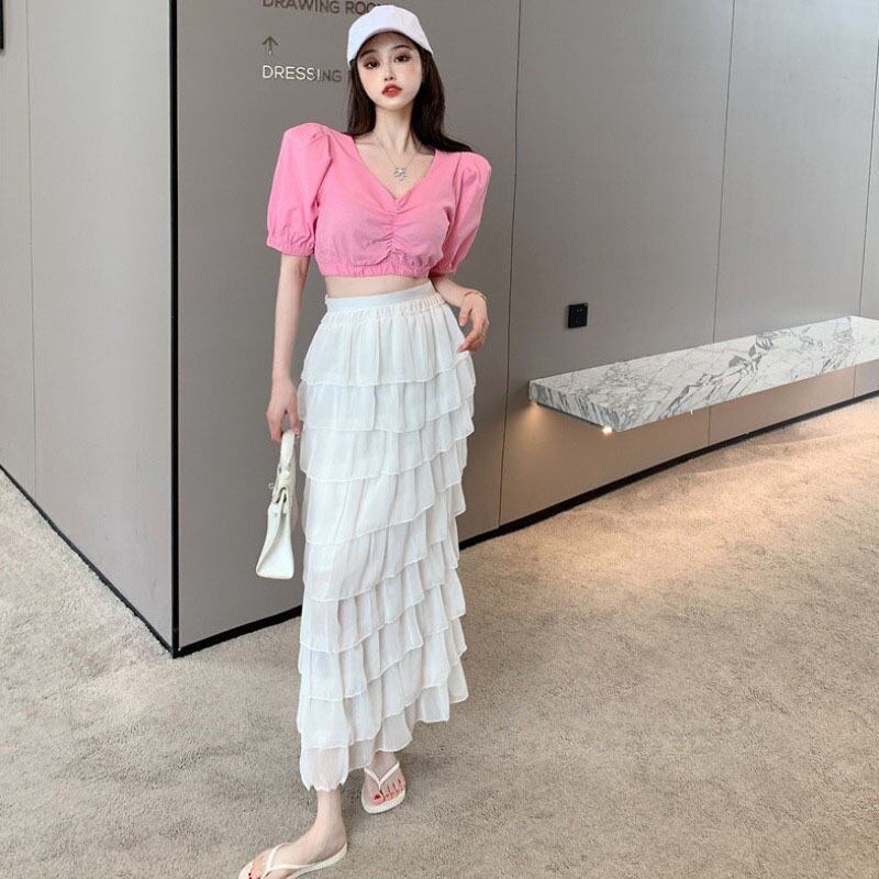 スカート サマー薄手ハイウェストロングシフォンホワイト 夏物 YY-ファッション90211926400